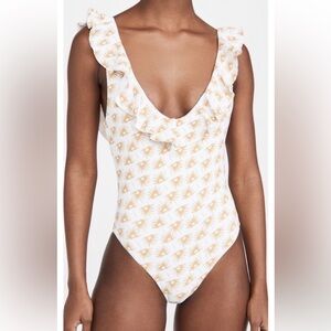 Eberjey Loreta Palapas ruffle trim low back white sun one piece swimsuit…